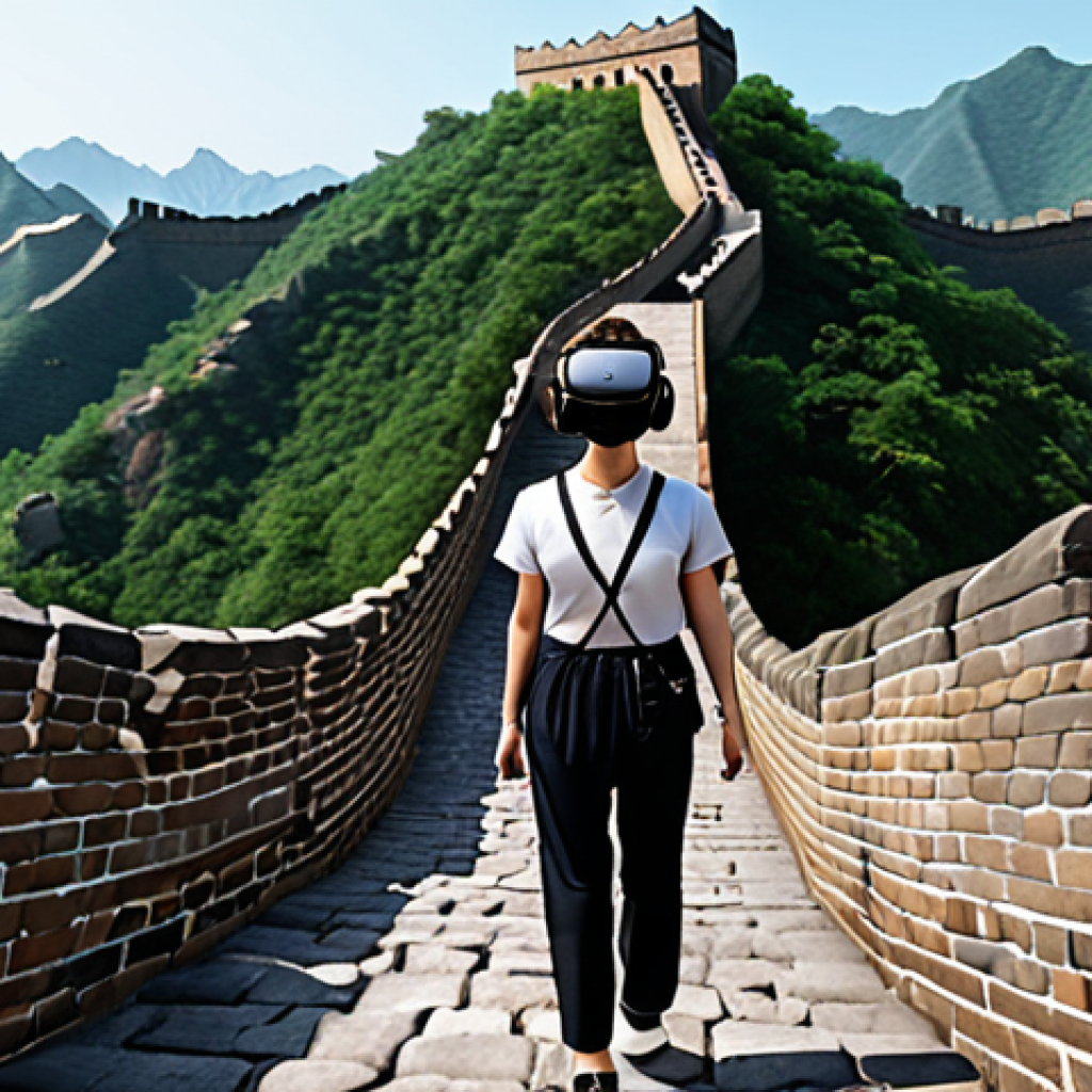 **Great Wall of China VR Walk:** A person wearing a VR headset, walking along a realistically rendered section of the Great Wall, with ancient Chinese architecture and landscapes visible in the virtual environment. Focus on the immersive and detailed visuals.