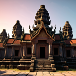 A vibrant, detailed 3D rendering of an ancient Cambodian temple within a VR travel simulation. Focus on showcasing polygonal modeling with optimized polygon count, realistic textures of weathered stone and intricate carvings, and dynamic shading and lighting to mimic a sunset. The scene should evoke a sense of immersion and historical authenticity.