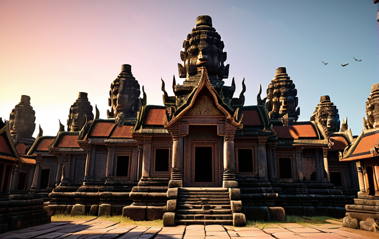 A vibrant, detailed 3D rendering of an ancient Cambodian temple within a VR travel simulation. Focus on showcasing polygonal modeling with optimized polygon count, realistic textures of weathered stone and intricate carvings, and dynamic shading and lighting to mimic a sunset. The scene should evoke a sense of immersion and historical authenticity.