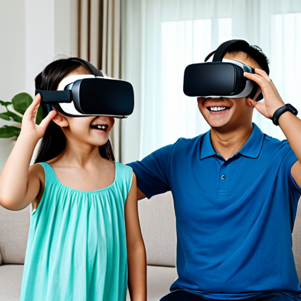 Family VR Exploration**

"A Vietnamese family (parents and two children) wearing VR headsets in their modern living room, fully clothed, appropriate attire, safe for work. The VR headsets display vibrant scenes of Ha Long Bay, Vietnam, with the iconic limestone karsts and emerald waters. The family is smiling and gesturing excitedly. The scene emphasizes the shared experience and accessibility of VR travel. Soft, natural lighting, high-resolution, professional photography, perfect anatomy, natural proportions, modest clothing, family-friendly content."

**