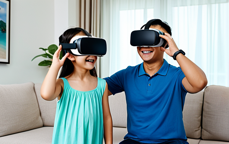 Family VR Exploration**
"A Vietnamese family (parents and two children) wearing VR headsets in their modern living room, fully clothed, appropriate attire, safe for work. The VR headsets display vibrant scenes of Ha Long Bay, Vietnam, with the iconic limestone karsts and emerald waters. The family is smiling and gesturing excitedly. The scene emphasizes the shared experience and accessibility of VR travel. Soft, natural lighting, high-resolution, professional photography, perfect anatomy, natural proportions, modest clothing, family-friendly content."
**
