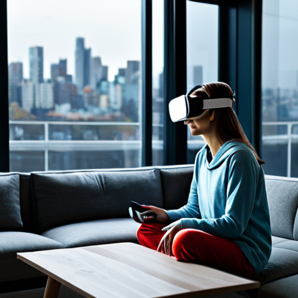 가상현실 여행의 환경적 영향 - **Prompt:** A modern apartment living room. A woman is sitting on her sofa, wearing a VR headset, fu...