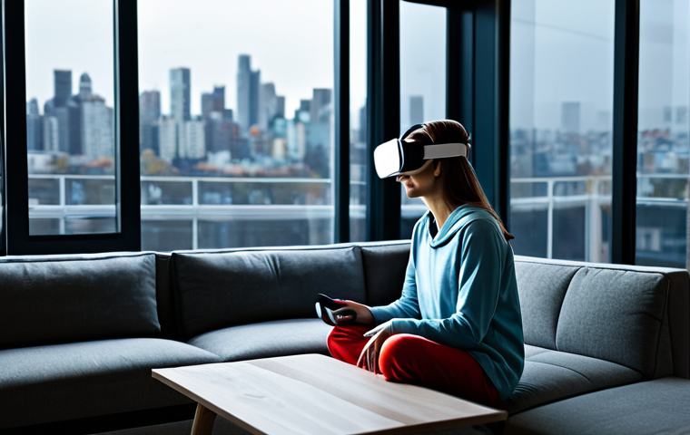 가상현실 여행의 환경적 영향 - **Prompt:** A modern apartment living room. A woman is sitting on her sofa, wearing a VR headset, fu...