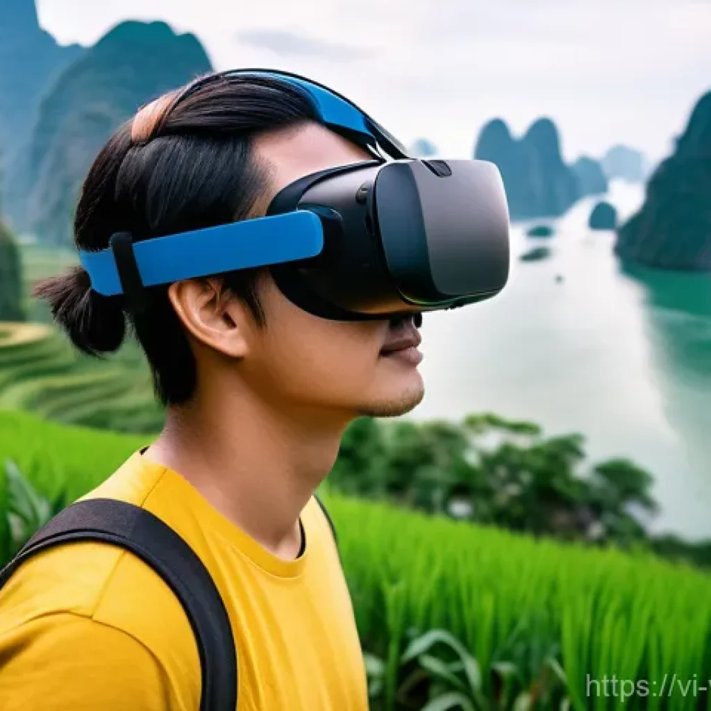 가상현실 여행의 트렌드 예측 - **Prompt:** A person, seen from the shoulders up, wearing a sleek, modern VR headset. Their face sho...