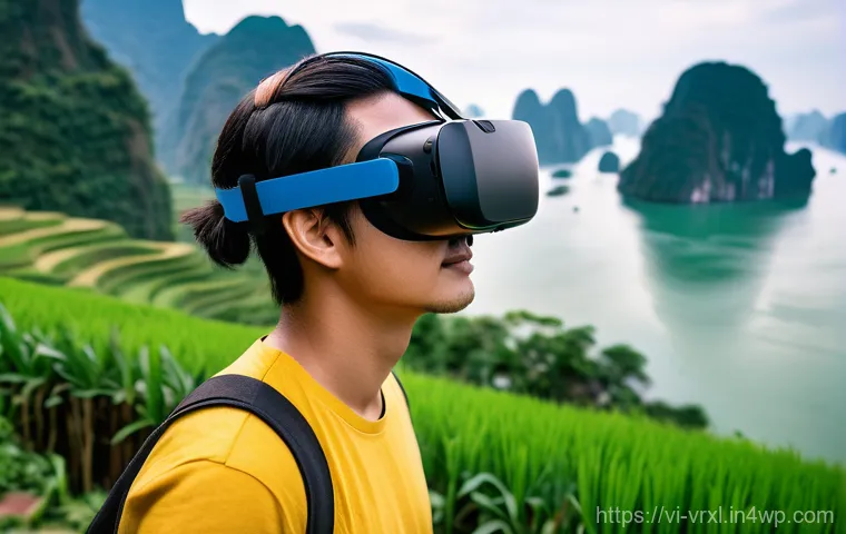 가상현실 여행의 트렌드 예측 - **Prompt:** A person, seen from the shoulders up, wearing a sleek, modern VR headset. Their face sho...