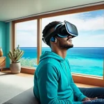 가상현실 여행에서의 개인적 성장 - **Prompt:** A young adult, dressed in casual, comfortable clothing, sits in a modern, well-lit livin...