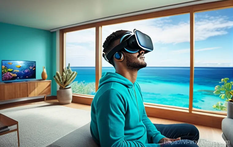 가상현실 여행에서의 개인적 성장 - **Prompt:** A young adult, dressed in casual, comfortable clothing, sits in a modern, well-lit livin...