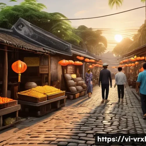 가상현실 여행의 위치 기반 서비스 - A highly detailed virtual reality scene of an ancient Vietnamese street market in Hội An at sunset, ...