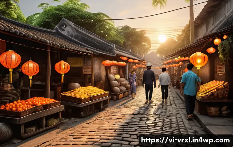 가상현실 여행의 위치 기반 서비스 - A highly detailed virtual reality scene of an ancient Vietnamese street market in Hội An at sunset, ...