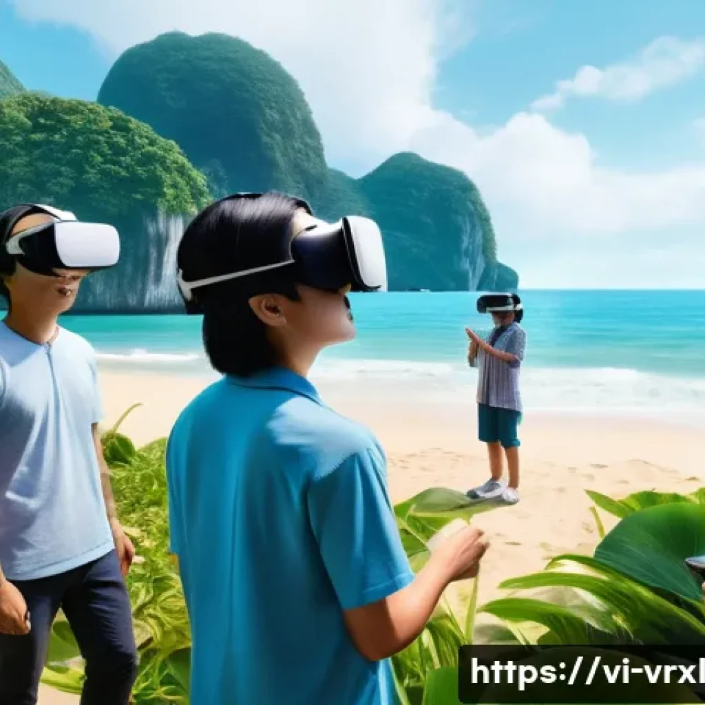 가상현실 여행의 전략적 접근 - A vibrant virtual reality travel scene showcasing a diverse group of Vietnamese tourists of differen...