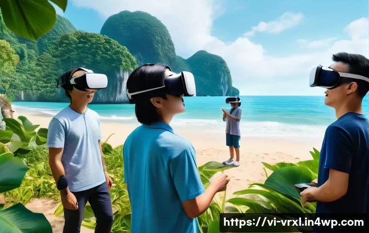 가상현실 여행의 전략적 접근 - A vibrant virtual reality travel scene showcasing a diverse group of Vietnamese tourists of differen...