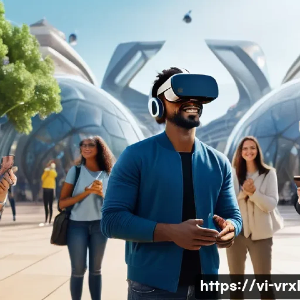 가상현실 여행의 사회적 변화 - A vibrant virtual reality social gathering scene set in a futuristic digital plaza where diverse peo...