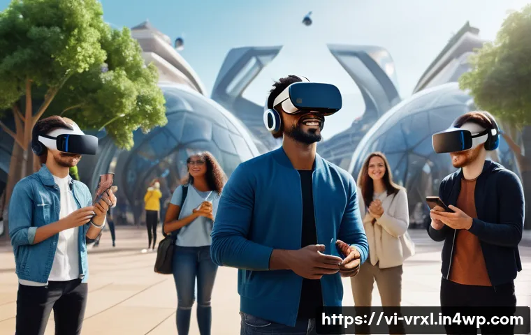 가상현실 여행의 사회적 변화 - A vibrant virtual reality social gathering scene set in a futuristic digital plaza where diverse peo...