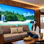 가상현실 여행의 트렌드 분석 - A cozy living room scene featuring a young Vietnamese woman wearing casual clothes and a comfortable...