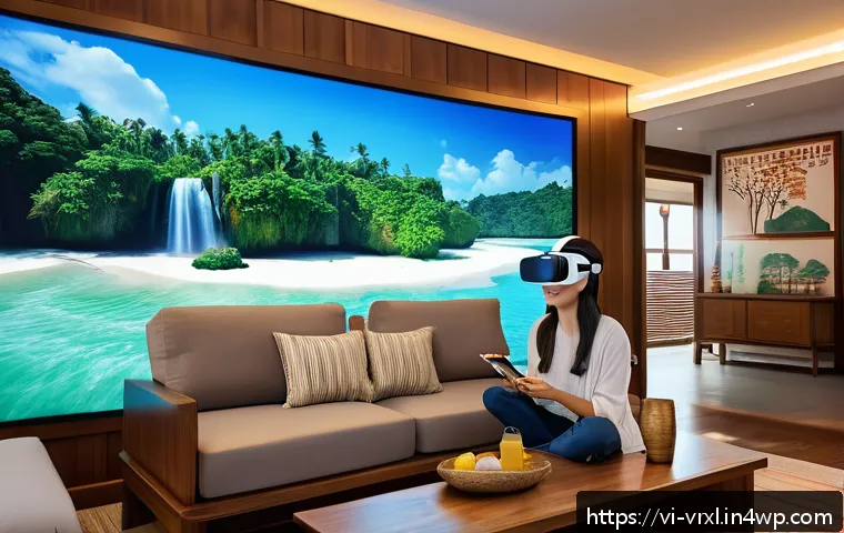가상현실 여행의 트렌드 분석 - A cozy living room scene featuring a young Vietnamese woman wearing casual clothes and a comfortable...