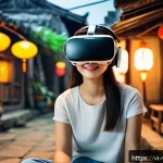 가상현실 여행에서의 시뮬레이션 활용 - A cozy living room setting with a young Vietnamese woman wearing a stylish VR headset and holding co...
