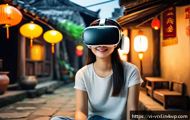 가상현실 여행에서의 시뮬레이션 활용 - A cozy living room setting with a young Vietnamese woman wearing a stylish VR headset and holding co...