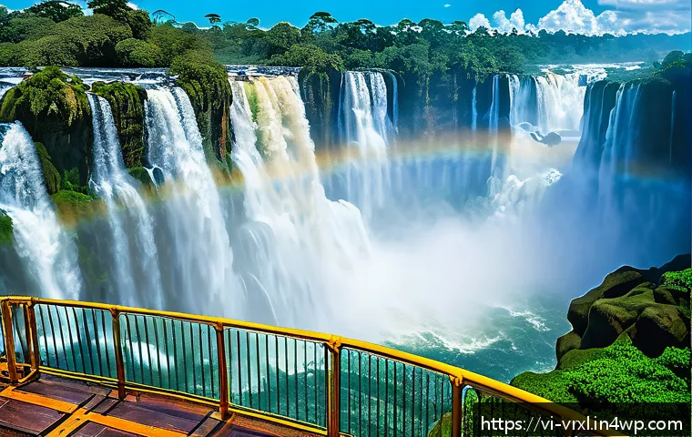 최고의 가상현실 여행 경험 - A breathtaking virtual reality scene of Iguazu Falls, showcasing the massive cascading water with de...