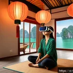 가상현실 여행의 인사이트 공유 - A Vietnamese woman wearing casual travel clothes and a VR headset sitting comfortably in a modern li...