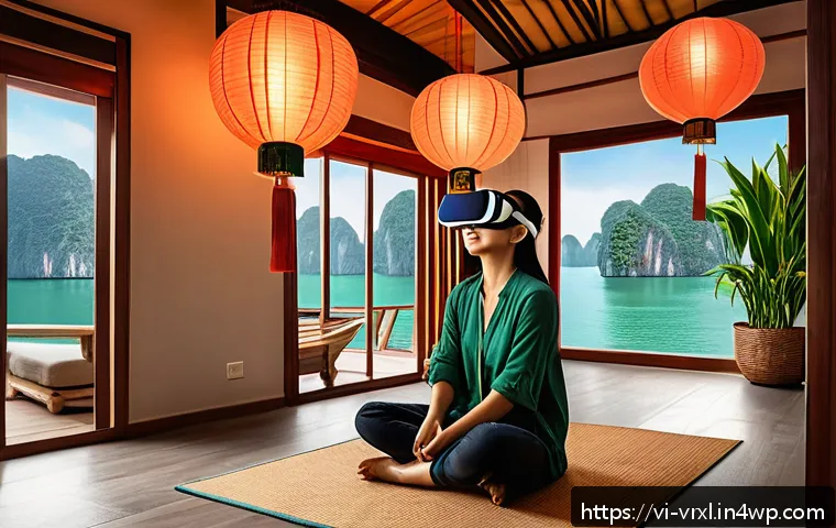 가상현실 여행의 인사이트 공유 - A Vietnamese woman wearing casual travel clothes and a VR headset sitting comfortably in a modern li...