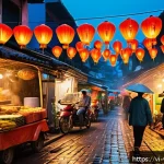 가상현실 여행과 현실 여행의 차이점 - A vibrant Vietnamese street market scene at dusk, bustling with locals and tourists wearing casual c...