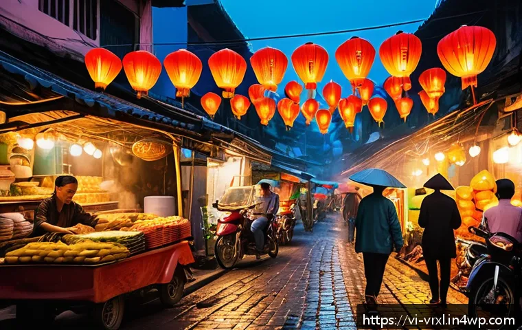 가상현실 여행과 현실 여행의 차이점 - A vibrant Vietnamese street market scene at dusk, bustling with locals and tourists wearing casual c...