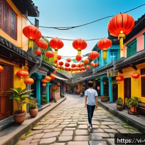 가상현실 여행의 경제적 영향 분석 - A vibrant virtual reality travel experience set in Hoi An, Vietnam, showing a young adult wearing VR...