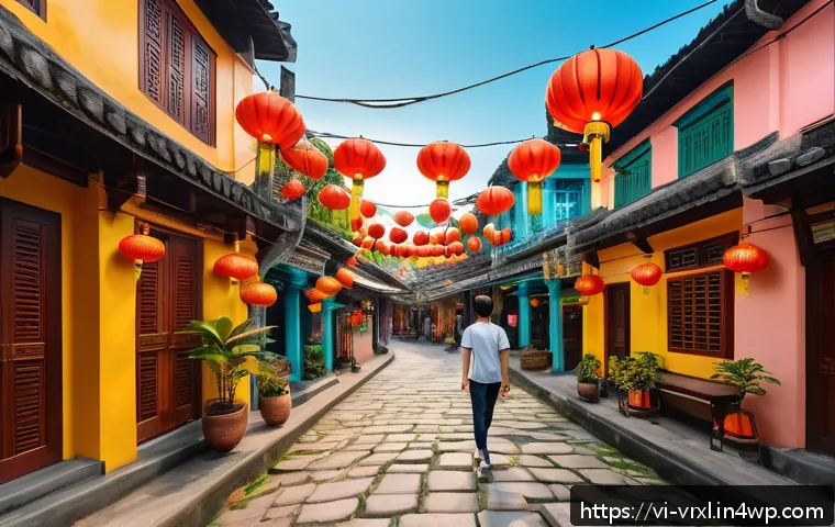 가상현실 여행의 경제적 영향 분석 - A vibrant virtual reality travel experience set in Hoi An, Vietnam, showing a young adult wearing VR...
