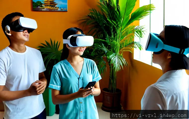 Home 17 가상현실 여행의 글로벌 시장 동향 - Photorealistic modern travel technology scene in Ho Chi Minh City, a Vietnamese family wearing sleek...